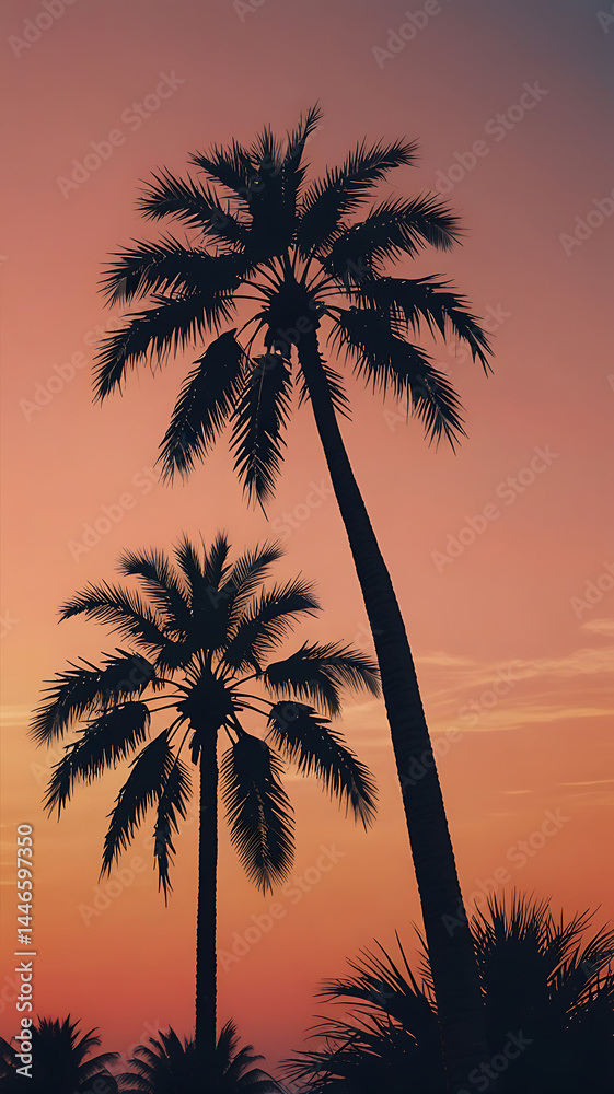 Fototapeta premium Tropical Paradise Sunset: Silhouetted Palm Trees at Golden Hour in an Idyllic Beach Landscape