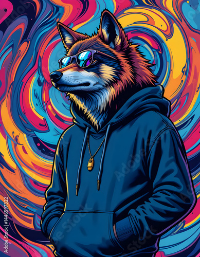 Cool Wolf Wearing Hoodie with Sunglasses and Abstract Background