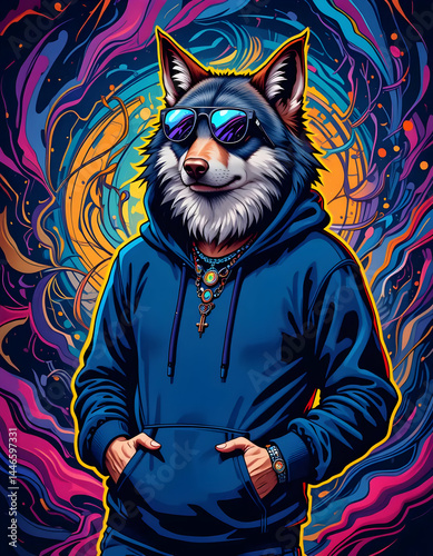 Wolf Wearing Hoodie with Colorful Abstract Background
