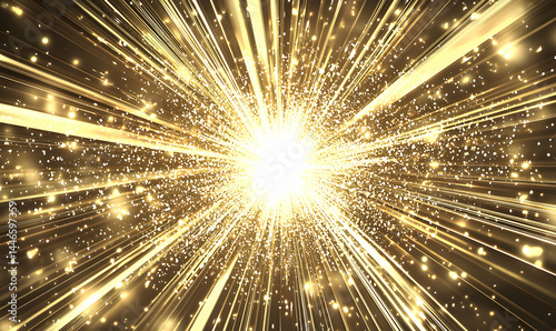A radiant burst of golden light, beams shooting outward from a central point, shimmering sparkles around the center