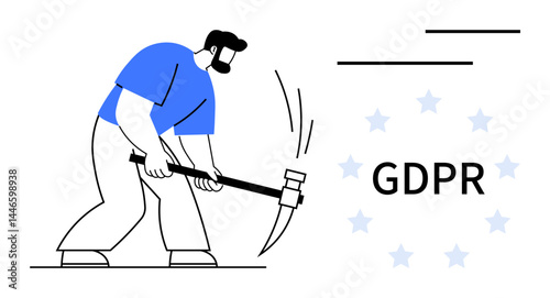 Bearded man in blue shirt swings hammer toward GDPR text surrounded by stars, illustrating conflict with regulations and data policies. Ideal for compliance, law, data security, regulation issues