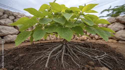 Strong roots penetrating rich dark soil after planting - brown soil gardening moist plant