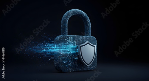 Digital padlock with shield and circuit board design on a dark background for data security concept