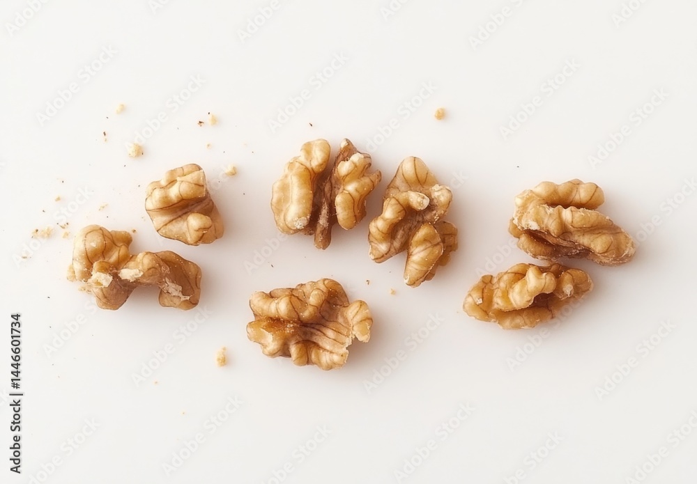 Obraz premium Shelled walnuts scattered on white background