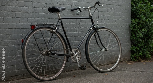 Bicycle leaning on brick wall. Photo