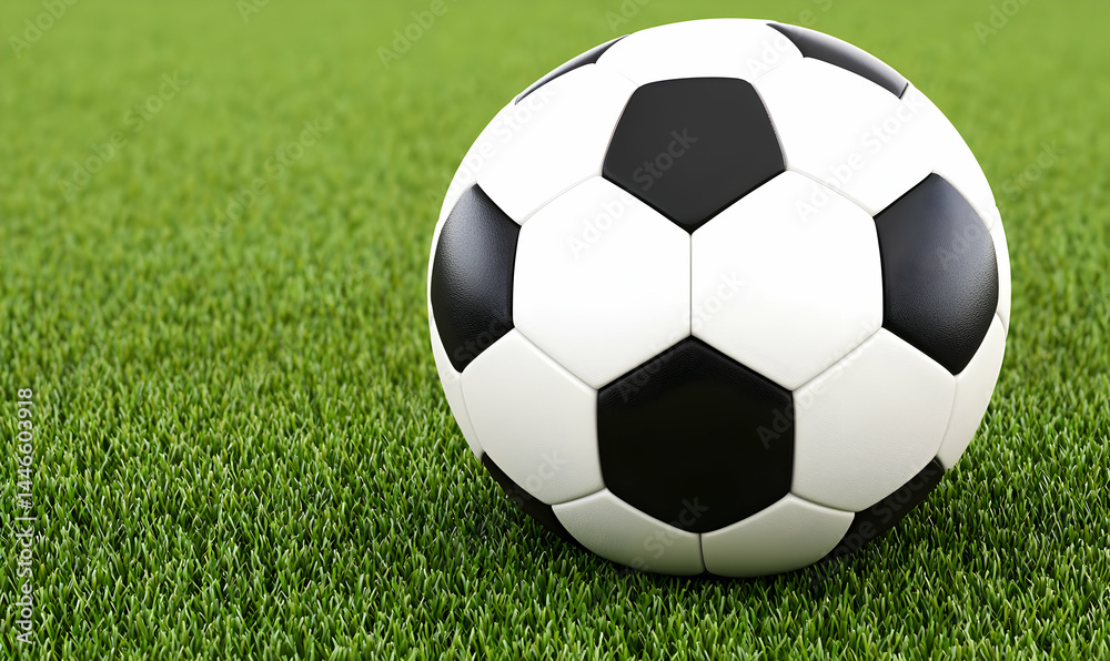 Classic black and white soccer ball resting on vibrant green grass in a bright, sunny outdoor setting Classic black and white soccer ball resting on vibrant green grass in a bright, sunny outdoor setting