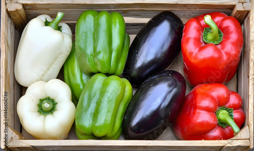 Colorful bell peppers and eggplants in wooden crate offer a fresh harvest
