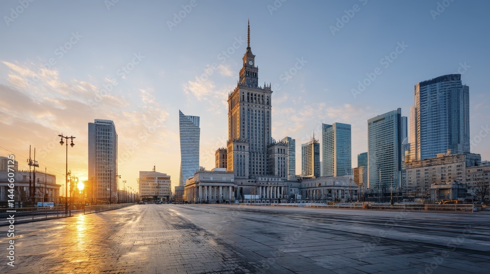 Obraz premium Bright morning sun illuminates empty city square, stunning skyline backdrop - background texture pattern