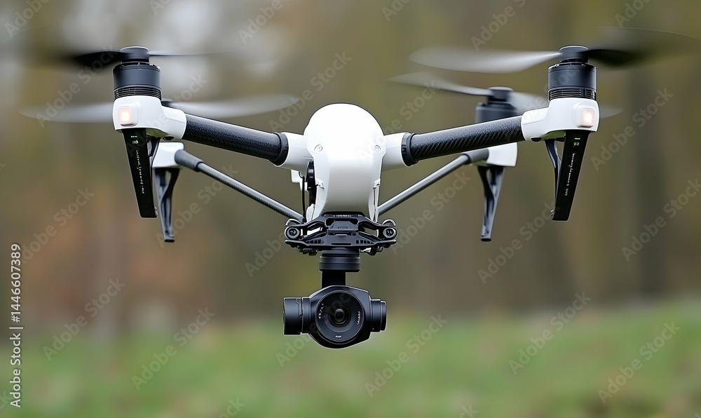 Drone in flight. White body, black arms, spinning propellers, and camera in focus against a soft nature background Drone in flight. White body, black arms, spinning propellers, and camera in focus against a soft nature background