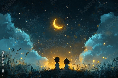 Children watching fireflies under crescent moon at night, dreamy illustration for children's book
