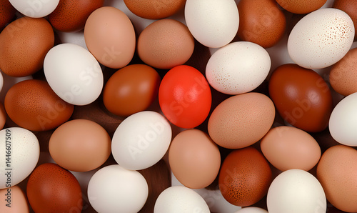 Eggs of various browns and whites, with one distinct red egg, arranged as a full top-down frame
