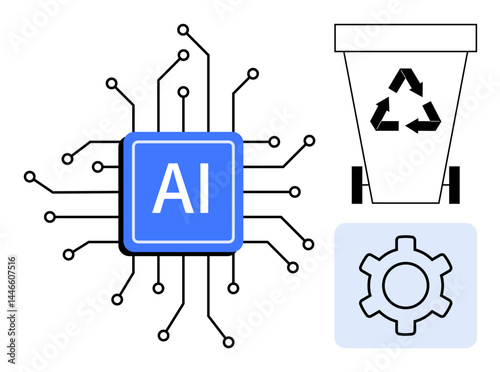AI chip with circuits, recycling bin with arrows, and gear icon conceptually linked to sustainability, clean technology, eco-friendly innovation, automation, algorithms, digital solutions, simple