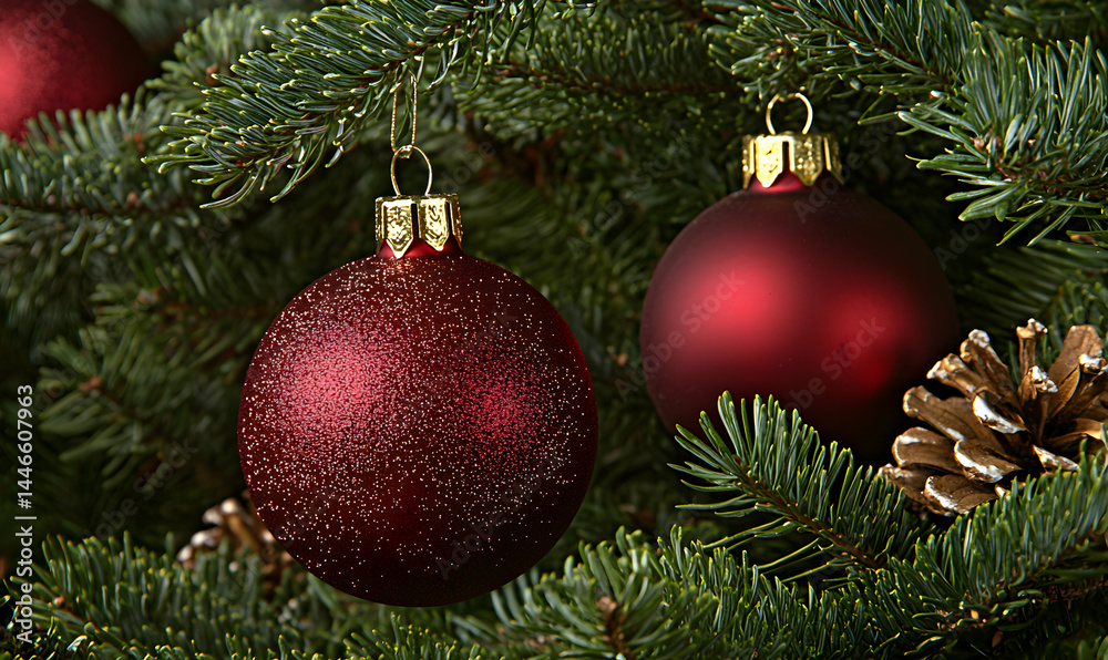 Festive fir branches adorned with red ornaments and pinecone, creating a cozy Christmas scene Festive fir branches adorned with red ornaments and pinecone, creating a cozy Christmas scene