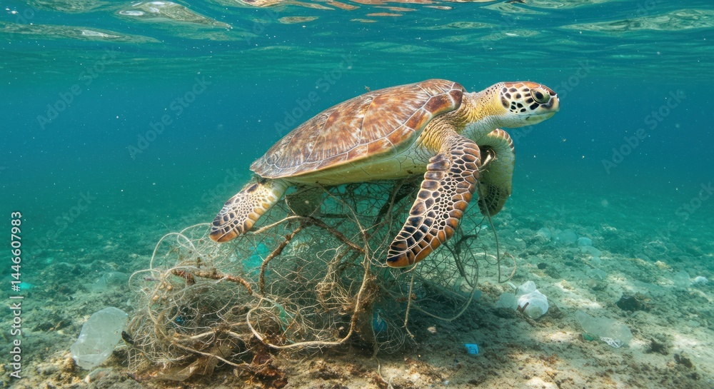 Fototapeta premium Sea Turtle entangled in plastic waste - Photo