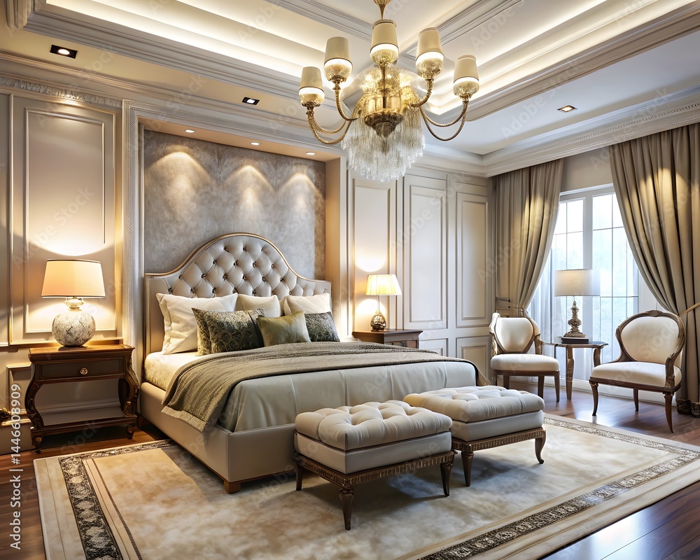 Fototapeta premium Elegant Bedroom Decor: A luxurious bedroom with elegant furniture, soft lighting, and sophisticated decor.