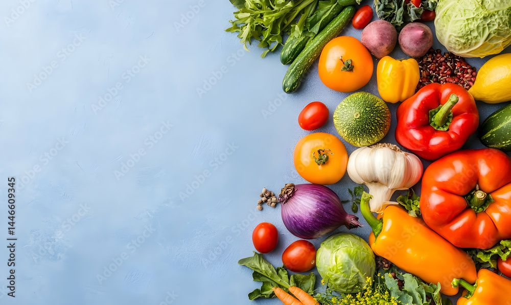 Fresh colorful vegetables are arranged on a bright blue surface, ready to be made into a tasty and healthy meal Fresh colorful vegetables are arranged on a bright blue surface, ready to be made into a tasty and healthy meal