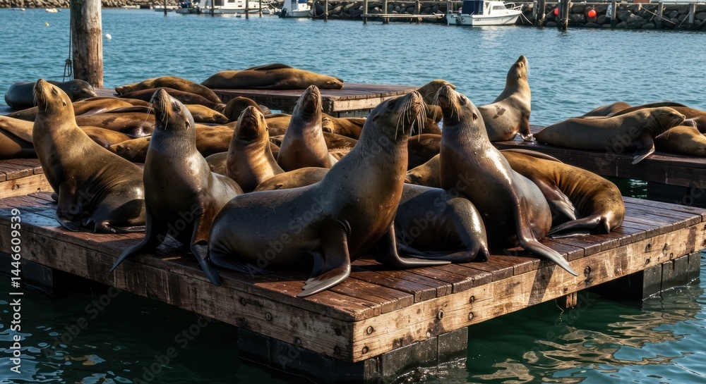 Fototapeta premium Sea Lions on Pier, Photos