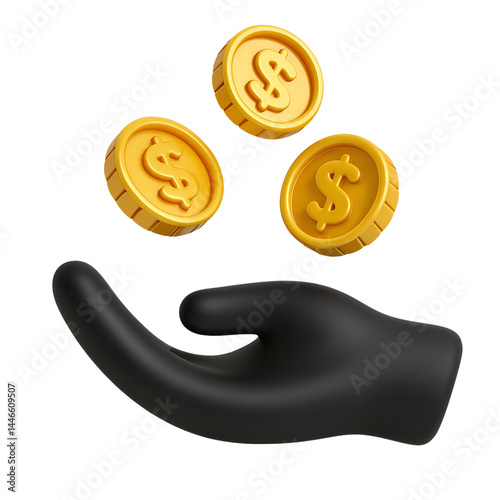 3D black hand with floating gold dollar coins, symbolizing financial success, wealth, earnings, investment, or money transaction, isolated on transparent background for economic concepts

 photo