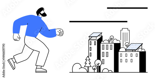 Man walking towards buildings with rooftop solar panels and trees, representing clean energy and urban sustainability. Ideal for renewable energy, green living, city planning, eco-friendly design