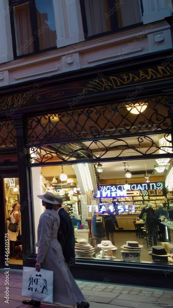 Vertical screen, stylish couple walking past illuminated hat shop, carrying shopping bags while strolling through vibrant city evening streetscape
