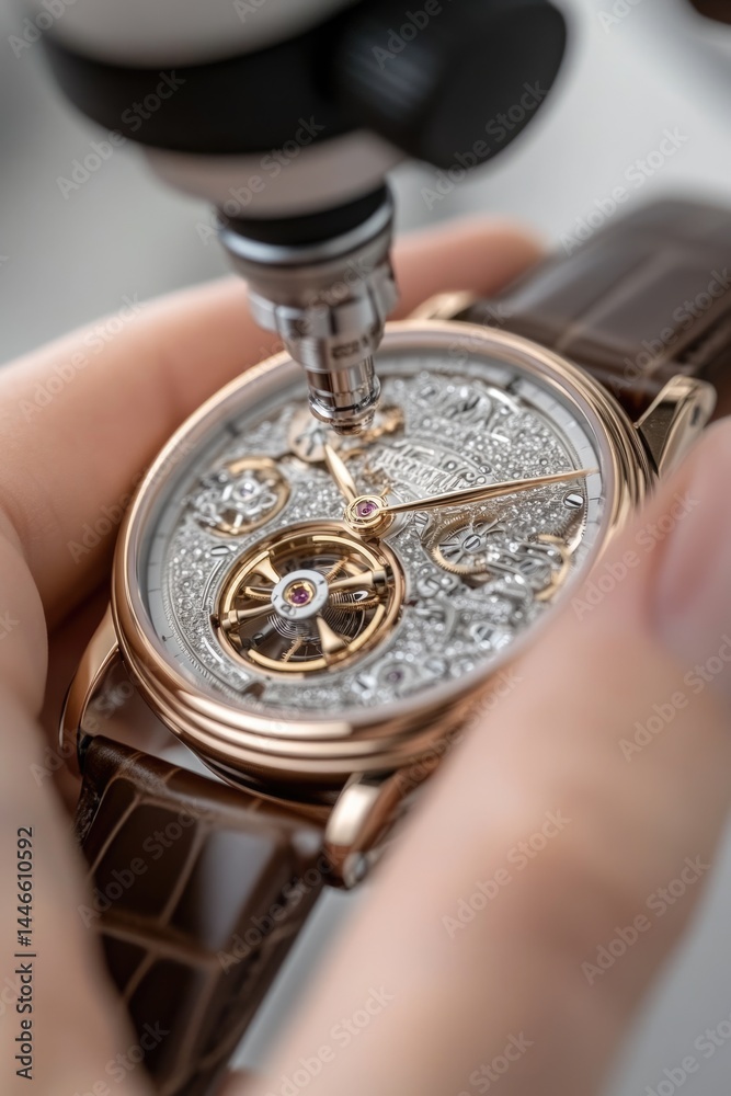 A skilled artisan meticulously adjusts the inner mechanisms of an elegant watch with a magnifying tool, showcasing fine craftsmanship and attention to detail in a well-lit workshop A skilled artisan meticulously adjusts the inner mechanisms of an elegant watch with a magnifying tool, showcasing fine craftsmanship and attention to detail in a well-lit workshop