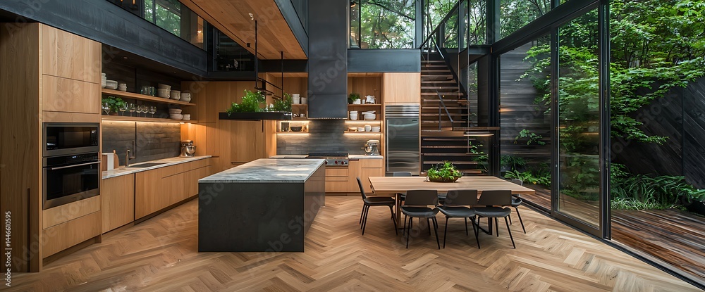 Obraz premium Modern kitchen with a natural vibe, featuring wood, island, large windows, and staircase to upper floor