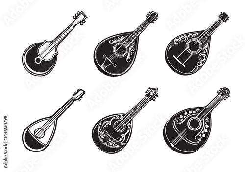 Bouzouki silhouette vector Set