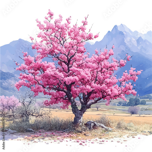 Spring Orchard In Full Bloom, watercolor vector, isolated on a white background.