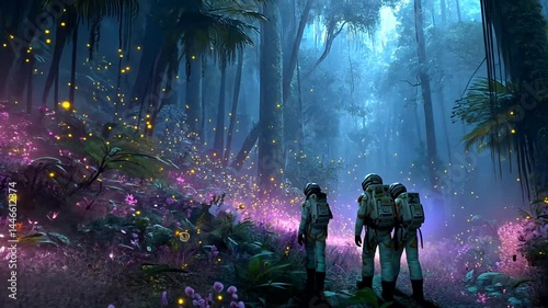 Astronauts explore a vibrant alien forest at dusk