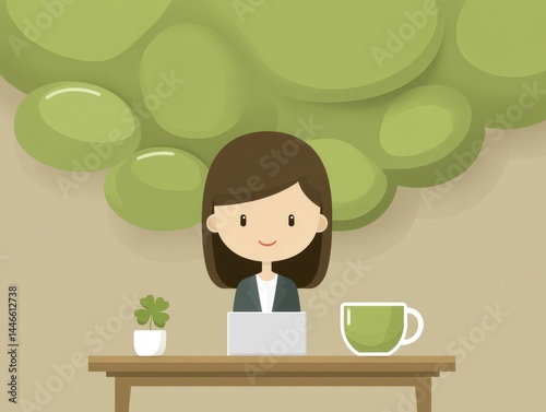 Businesswoman working, green coffee, lucky charm, desk, professional, thriving career, financial success, ambition - hope mug office