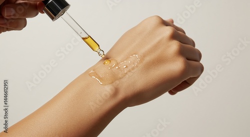 Hand applying skincare oil from pipette on a neutral background  