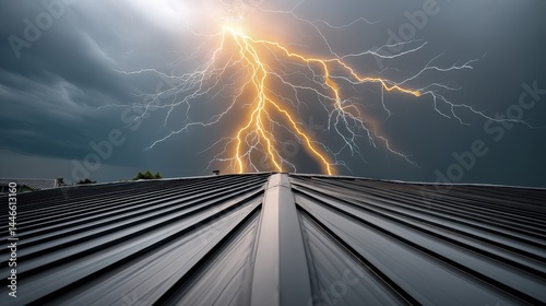 Dramatic lightning storm illuminates metal rooftop, intense weather, night scene - harsh rooftop electricity metal