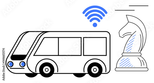 wireless-enabled bus next to chess knight symbolizing strategic thinking, innovation, and planning. Ideal for technology, connectivity, transportation, smart city, strategy, progress future