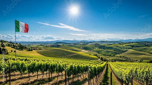 Italian countryside landscape with vineyards and flag.