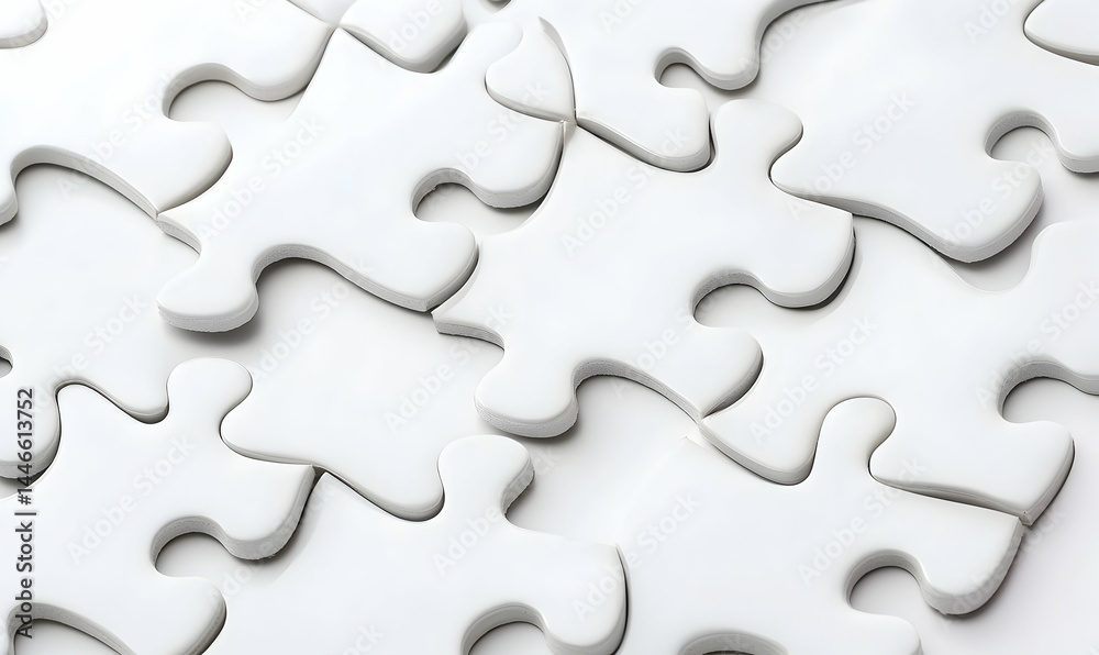 Interlocking puzzle pieces in white, suggesting connection, problem-solving, and unity, on a smooth surface Interlocking puzzle pieces in white, suggesting connection, problem-solving, and unity, on a smooth surface