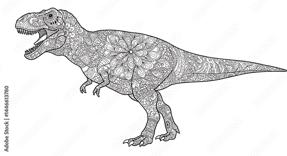 Naklejka premium Dinosaur Zentangle Illustration Detailed Line Art on White