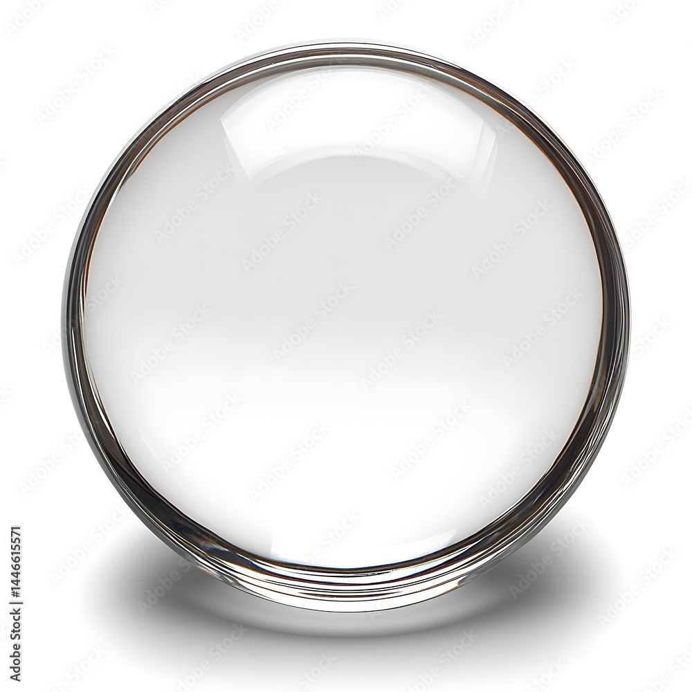 A transparent glass orb with a metallic border stands alone A transparent glass orb with a metallic border stands alone