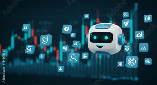 A cartoon robot head surrounded by floating icons against a graph background in a digital environment selling, purchasing,$, agreement