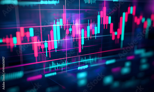 Market movements shown with a bright stock chart, in red and blue, and lines highlighting fluctuations