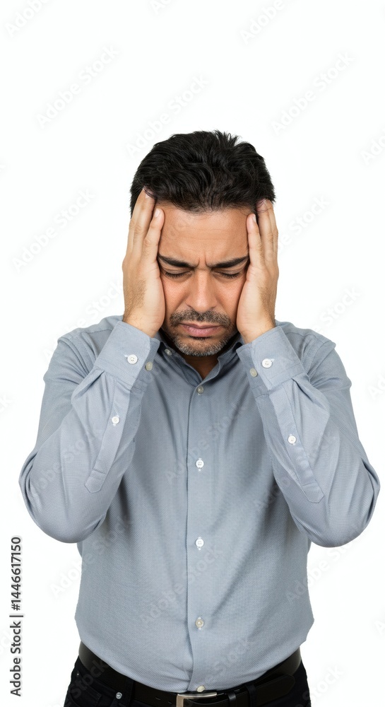 Man in gray shirt holding his head with both hands looking down on a white background in studio shot Man in gray shirt holding his head with both hands looking down on a white background in studio shot