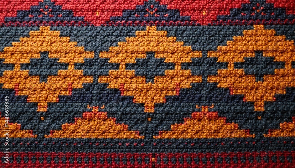 Obraz premium Intricate woven textile with bold zigzags & dashes, earthy tones, orange, pattern