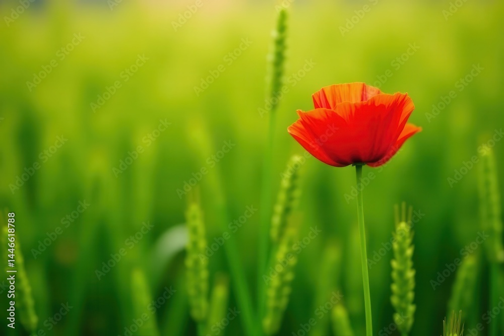 Fototapeta premium Single red poppy blooms amidst tall green wheat stalks , meadow, landscape