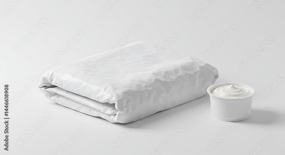 Fototapeta premium Creamy White Indulgence: A Minimalist Still Life of Folded Fabric and Creamy Yogurt