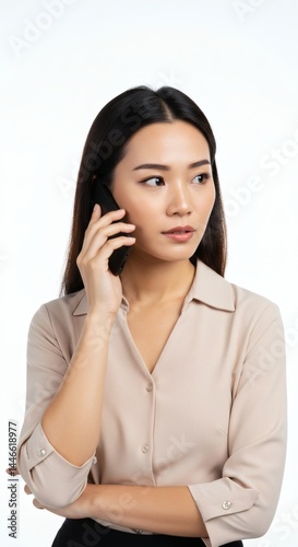 Asian woman in a beige shirt talking on a cell phone with a concerned expression on a white background