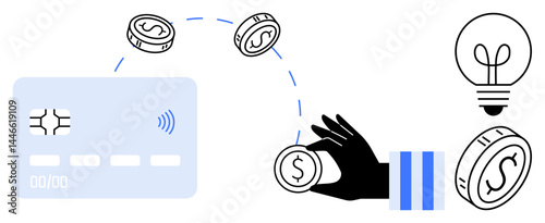 Hand flips a coin towards a credit card, surrounded by coins and a light bulb. Ideal for finance, technology, innovation, investment, savings, entrepreneurship digital economy. Flat simple metaphor