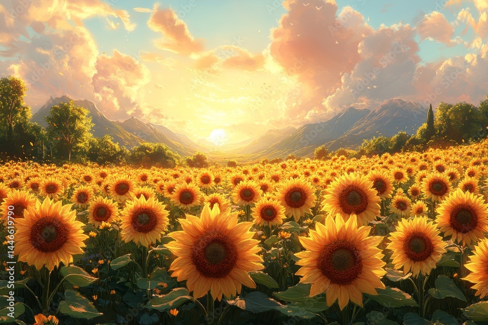 Obraz premium Sunflowers sunset valley landscape, idyllic scene, nature