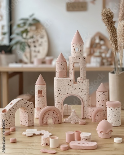 Pastel-colored castle building blocks.  Set of various shapes for imaginative play