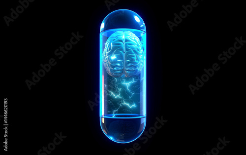 A blue capsule with a little brain inside, filled to the top and glowing in shades of light blue against an isolated dark background