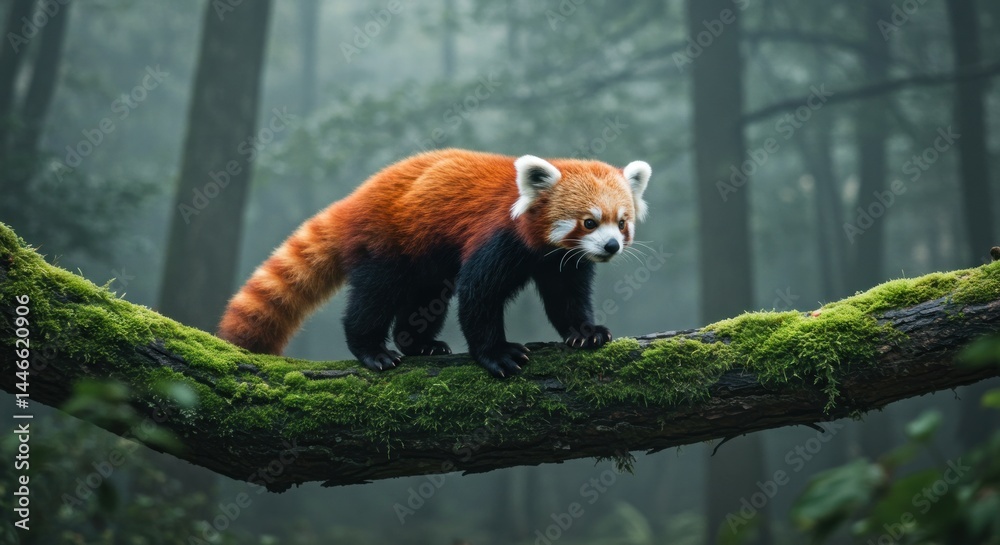 Fototapeta premium Red Panda on Mossy Branch - Photo