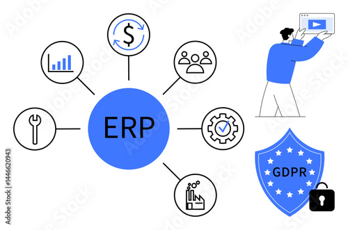 Central ERP hub linked to finance, analytics, team, GDPR shield, factory, tools, and automation concepts. Ideal for digital transformation, workflow compliance security efficiency simple landing